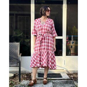 Anthropologie DRA Los Angeles Plaid Midi Dress Cotton Red White Belted Medium